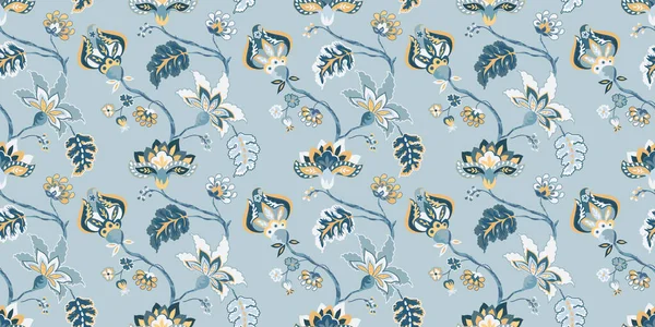 Цветочный Бесшовный Рисунок Фон Причудливые Цветы Якобский Стиль Пастельно Голубом — стоковый вектор