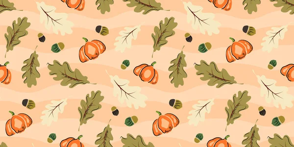 Pumpkin Autumn Seamless Pattern Print Leaves Thanksgiving Harvest Halloween Seasonal — Stock Vector