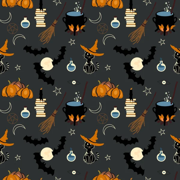 Halloween Nahtlose Muster Hintergrunddesign Mit Hexenbastelsymbolen Besen Kessel Magische Bücher — Stockvektor