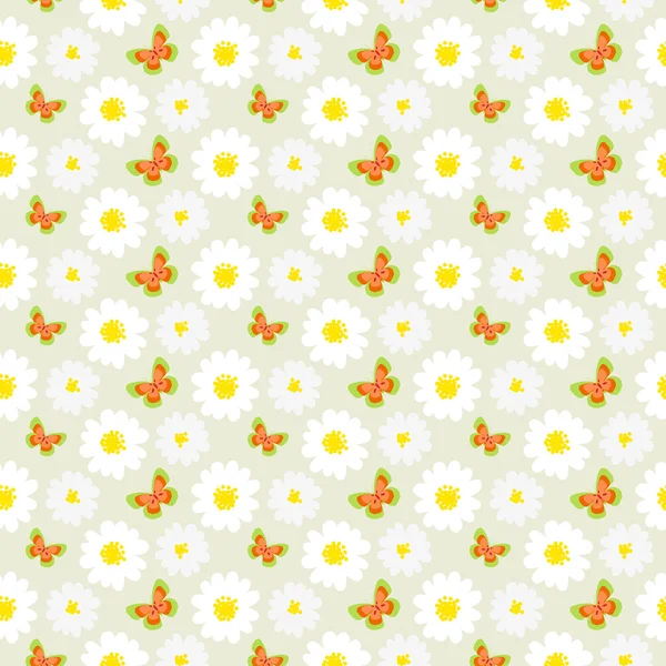 Weiße Gänseblümchen und Schmetterlinge nahtlose Muster. — Stockvektor