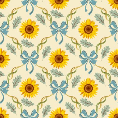 Yellow sunflower seamless pattern with blue bows, curling ribbons and green leaves. Vintage decorative nostalgic countryside textile, wallpaper or background symmetrical design
