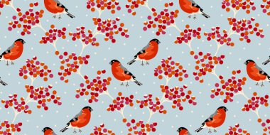 Kırmızı kuşlar, kar ve yaban mersini desenleri mavi arka planda. Oyuncu desenli tekstil, duvar kağıtları ve mevsimlik deco