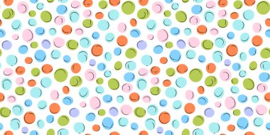 Renkli polka noktaları rastgele yeşil, lavanta, mavi, turuncu, pembe renkli daireler neşeli, kutlama, parti ve arka plan tasarımı. Vektör illüstrasyonu 