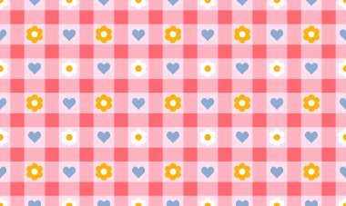 Pembe gingham arka plan, küçük beyaz papatya çiçeği ve küçük, pürüzsüz kalpler dizaynı. Vektör illüstrasyonu tatlı, retro piknik tarzı