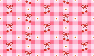 Pembe gingham arka plan ve küçük beyaz papatya desenli dikişsiz papatya desenli kiraz fiyonkları. Vektör illüstrasyonu tatlı, retro piknik tarzı