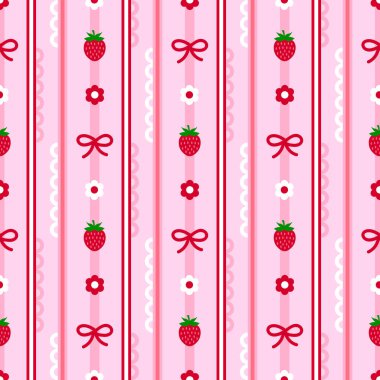 Şirin çilekler, fiyonklar, kurdeleler ve küçük papatya çiçekleriyle pembe çizgili, pürüzsüz desen. Arkaplan, tekstil, ambalaj kağıdı kaprisli dekoratif tasarım için vektör illüstrasyonu 