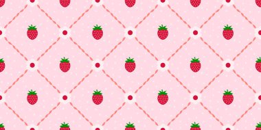 Kırmızı çilek, beyaz papatya çiçeği dikişsiz desen. Kafes ızgarası, kıvrımlı kurdele, noktalar ve pembe pastel arka plan. Kızsal kumaşlar için dekoratif tasarım, duvar kağıdı hediye paketi. Vektör illüstrasyonu