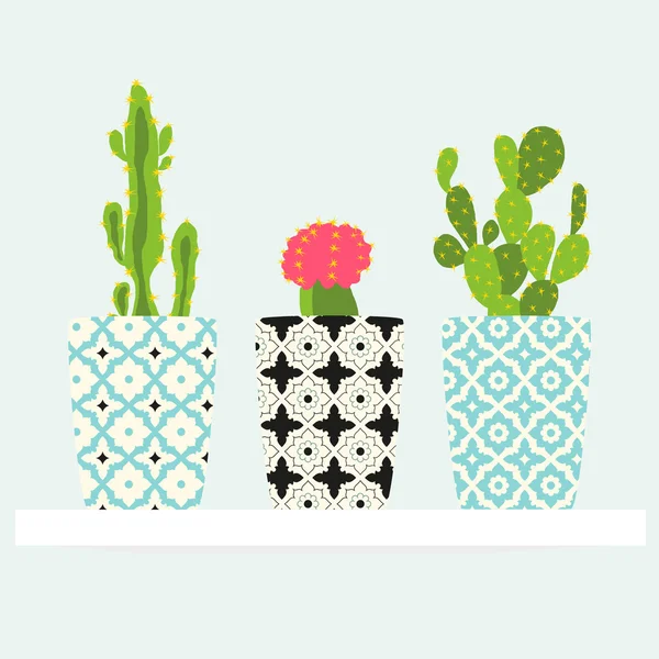 Set van cactussen patroon in pot. — Stockvector