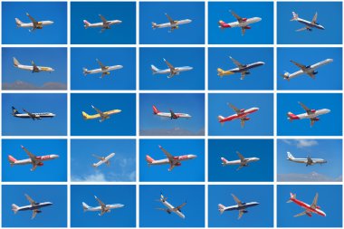 Ryanair, Iberia, British Airways, Jet 2, Tuy gibi farklı havayollarından, Tenerife havaalanına iniş veya kalkış tan farklı uçak seti, İspanya.