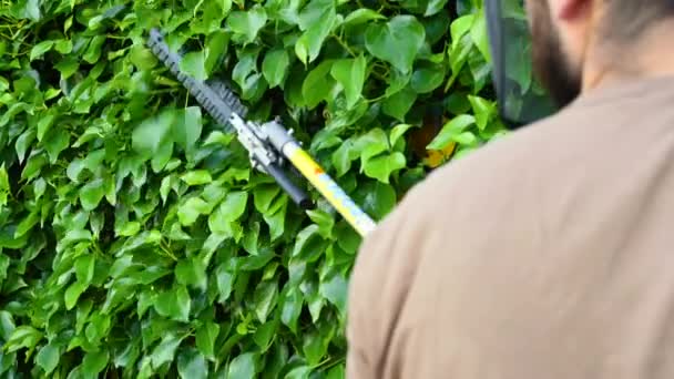 Jardineiro cortando uma sebe com cortador de sebes elétrico no jardim. — Vídeo de Stock