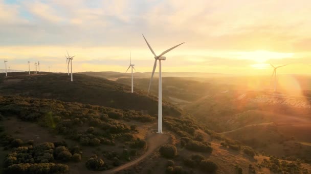 Amazing aerial view of wind turbines producing clean renewable energy, at a vibrant Sunset. — Stock Video