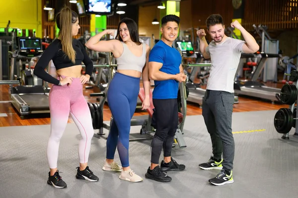 Groep van vier gelukkige vrouwelijke en mannelijke jonge volwassenen staan samen als goede vrienden, poseren in de sportschool. — Stockfoto