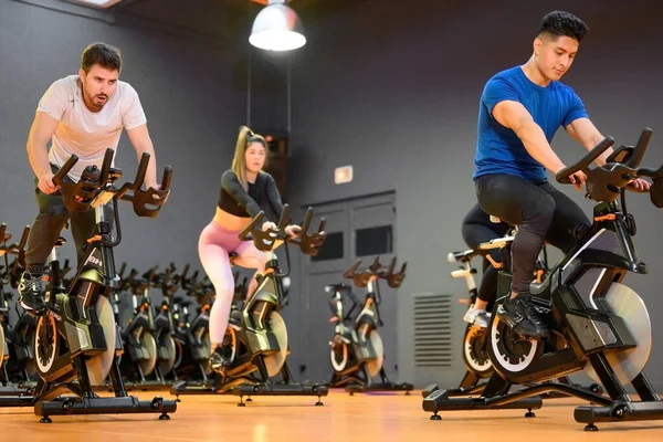 Group cycling on a modern fitness bicycle during group spinning class at the gym