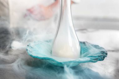 İyi bir restoran şefi, sofistike mutfak aletleriyle bir tabak tüttürüyor..