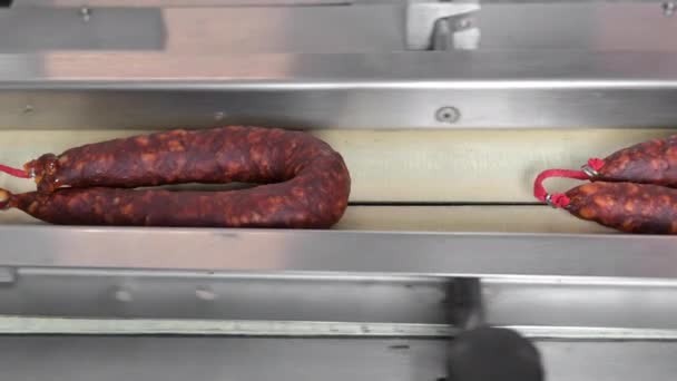 Klobásy. Balící linka španělských uzenek Chorizo je uzenina z vepřového masa v vepřovém střevě. Průmyslová výroba uzenářských výrobků. — Stock video