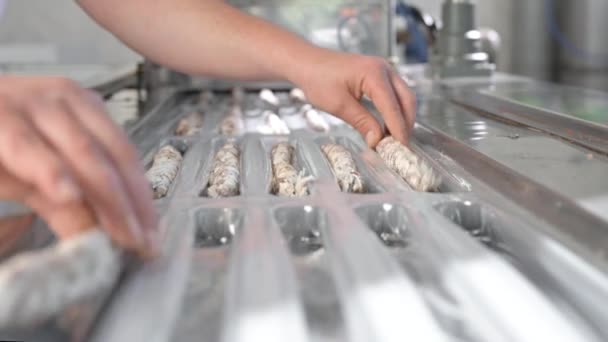 Würstchen. Verpackungslinie von Würstchen Fuet ist eine katalanische dünne, gepökelte, trockene Wurst aus Schweinefleisch in einem Schweinedärm. Industrielle Herstellung von Wurstwaren. — Stockvideo