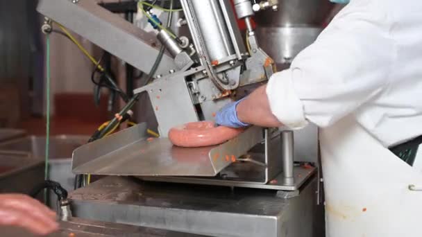 Výroba uzenek v továrně na zpracování masa. — Stock video
