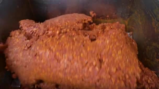 Máquina picadora de carne, mezclando carne y especias para hacer salchichas en una fábrica de alimentos. — Vídeos de Stock