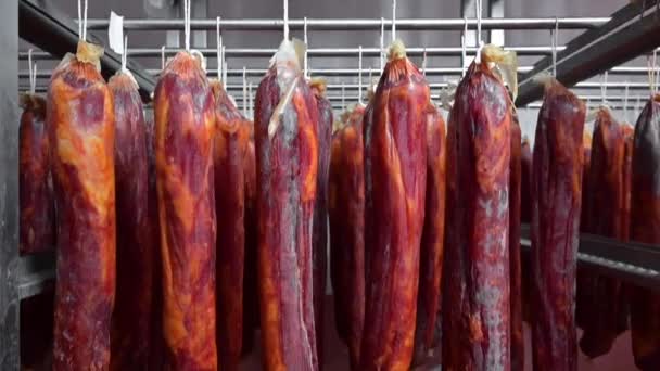 La carne guarita pende da una rastrelliera a impianto trattante la carne. Cibo tradizionale. Salsicce affumicate carne appesa — Video Stock