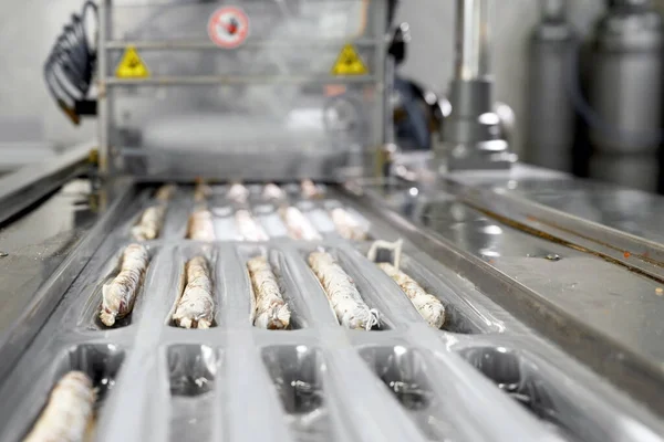 Salchichas. Línea de envasado de embutidos Fuet es una salchicha catalana fina, curada y seca de carne de cerdo en un intestino de cerdo. Fabricación industrial de productos de salchicha. — Foto de Stock
