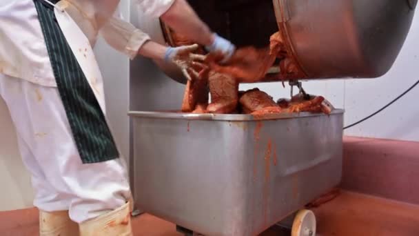 肉类加工厂生产香肠的工人操作机械 — 图库视频影像