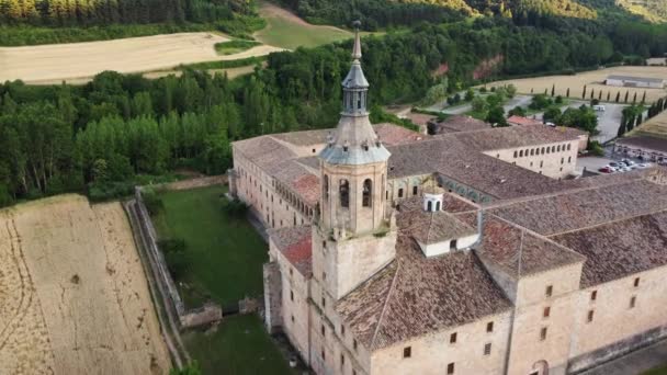 Aerial view of famous Monastery of Yuso in San Millan de la Cogolla, La Rioja, Spain. Its the birthplace of Spanish language. — Stock Video