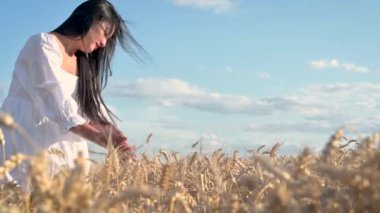Güneşli bir günde altın buğday tarlasında dikilen beyaz elbiseli genç Latin kadın buğday başaklarına hafifçe dokunuyor..
