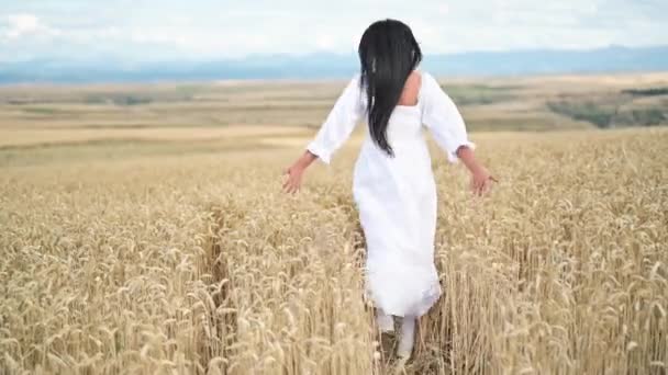 Šťastná mladá žena v bílých šatech těší život běží přes zlaté pšenice pole. — Stock video