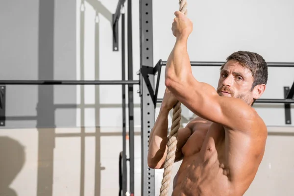 Fitness man doing rope climb exercise in gym. — Stock Photo, Image