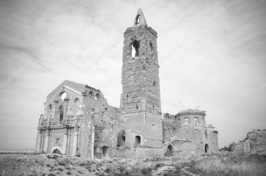 Ruins of an old church destroyed during the spanish civil war, in black and white, in Belchite, Saragossa, Spain.