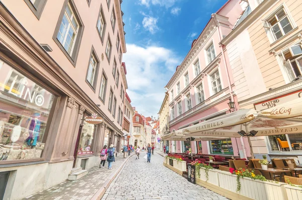 TALLINN, ESTONIA - 29 DE JUNIO: Calle popular en el casco antiguo. Algunos turistas están caminando en una típica calle comercial en la parte histórica de la ciudad — Foto de Stock