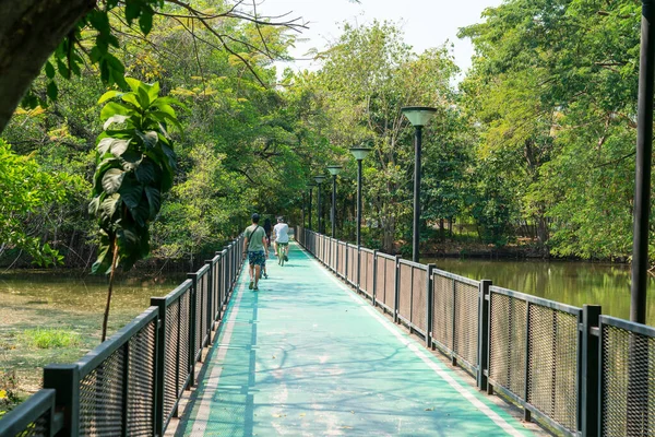 Crianças Adultos Relaxar Andar Bicicleta Feliz Parque Perto Cidade Edifício — Fotografia de Stock