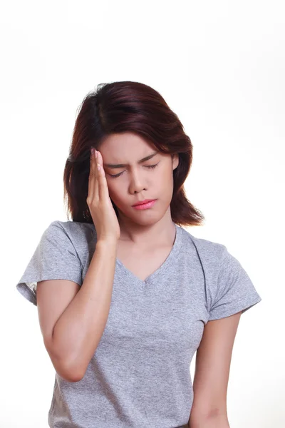 Ból głowy kobieta na białym tle — Zdjęcie stockowe