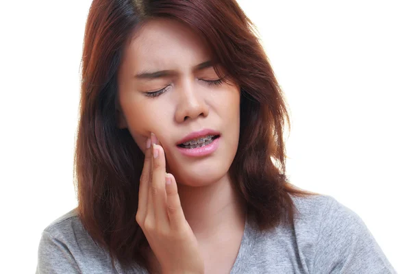 Mulher dor de dente no fundo branco — Fotografia de Stock