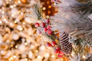 Kırmızı külün güzel bir dalı ve bulanık bir Noel arkaplanı. Yeni yıl kartı.