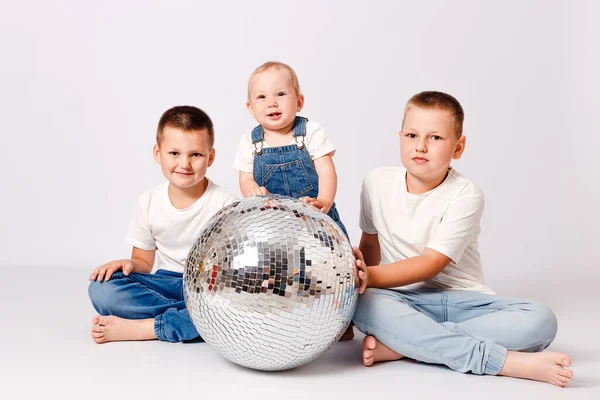 Three Fun Children White Background Two Boys Baby Girl Royalty Free Stock Photos