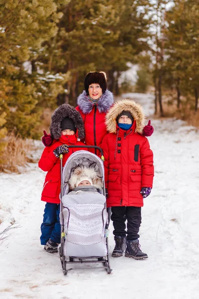 Beautiful Happy Grandmother Three Grandchildren Walk Winter Family Red Jackets — Stock Photo, Image
