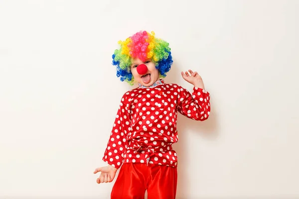 Hilariante Menino Cinco Anos Dança Traje Palhaço Peruca Fundo Branco — Fotografia de Stock