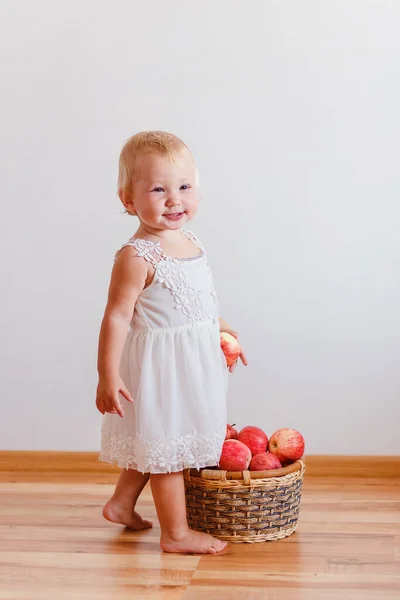 드레스를 사과가 바구니를 살짜리 소녀가 배경에 수확하는 — 스톡 사진