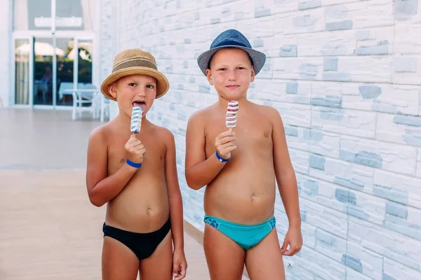 Dos Chicos Bronceados Bañadores Lamen Helado Verano —  Fotos de Stock