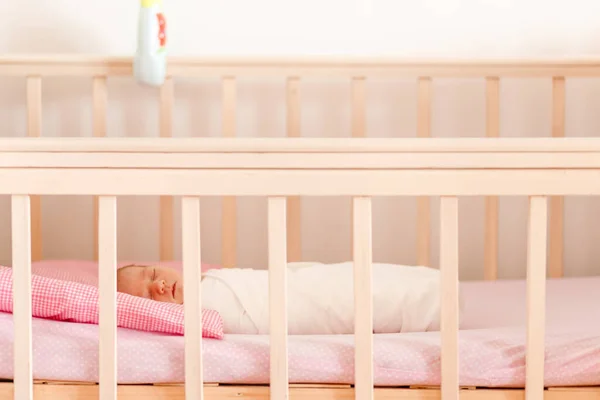 Newborn Baby Lies Crib — Stock Photo, Image