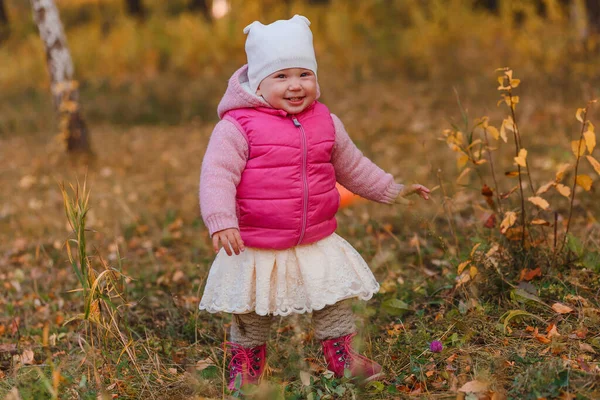 Una Linda Chica Año Chaleco Rosa Camina Por Bosque Otoño —  Fotos de Stock