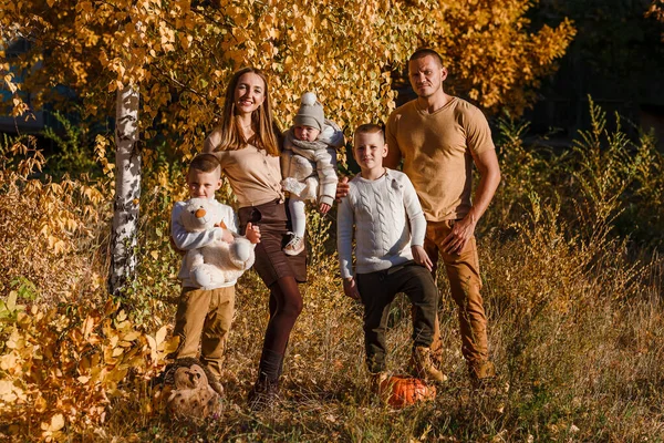 Mooie Stijlvolle Familie Herfst Het Bos Met Gele Bladeren Het — Stockfoto