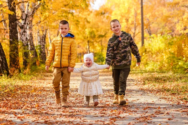 Drie Kinderen Wandelen Het Pad Het Herfstpark — Stockfoto