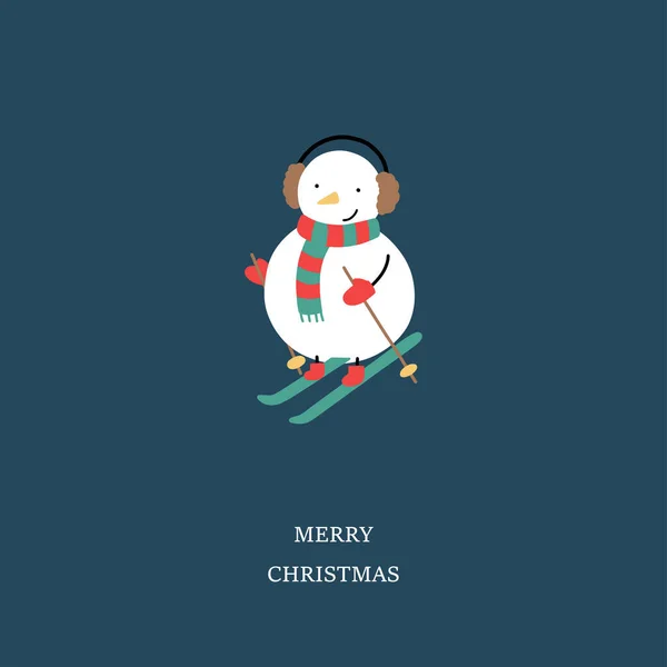 Lindo Esquí Muñeco Nieve Tarjeta Felicitación Navidad Ilustración Vectorial — Vector de stock