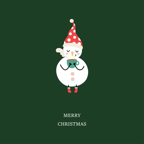 Cute Snowman Cup Hot Drink Christmas Greeting Card Vector Illustration — Stock Vector