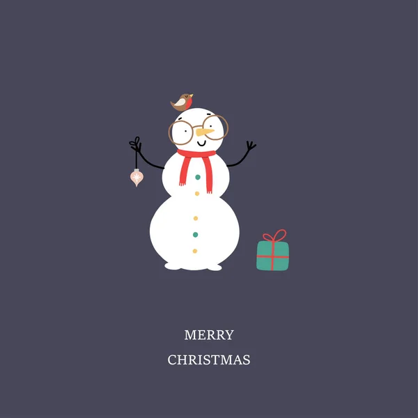 Snowman Present Bird Christmas Greeting Card Vector Illustration — Stock Vector