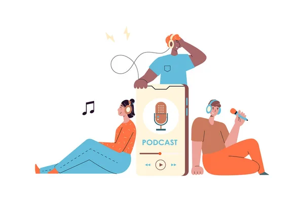 Uśmiechnięci Ludzie Słuchający Nagrywający Podcast Audio Lub Pokaz Online Transmisja — Wektor stockowy