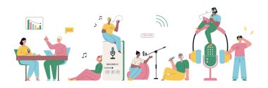 Vector podcast konsept afişi, insanların ses yayını yapıp dinlediği bir pankart. Düz biçim