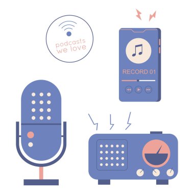 Podcast dinleme ve kayıt cihazlarının vektör çizimi. Beyazda izole edilmiş